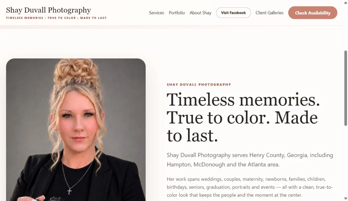 About Shay page with her portrait and the words: Timeless memories. True to color. Made to last.