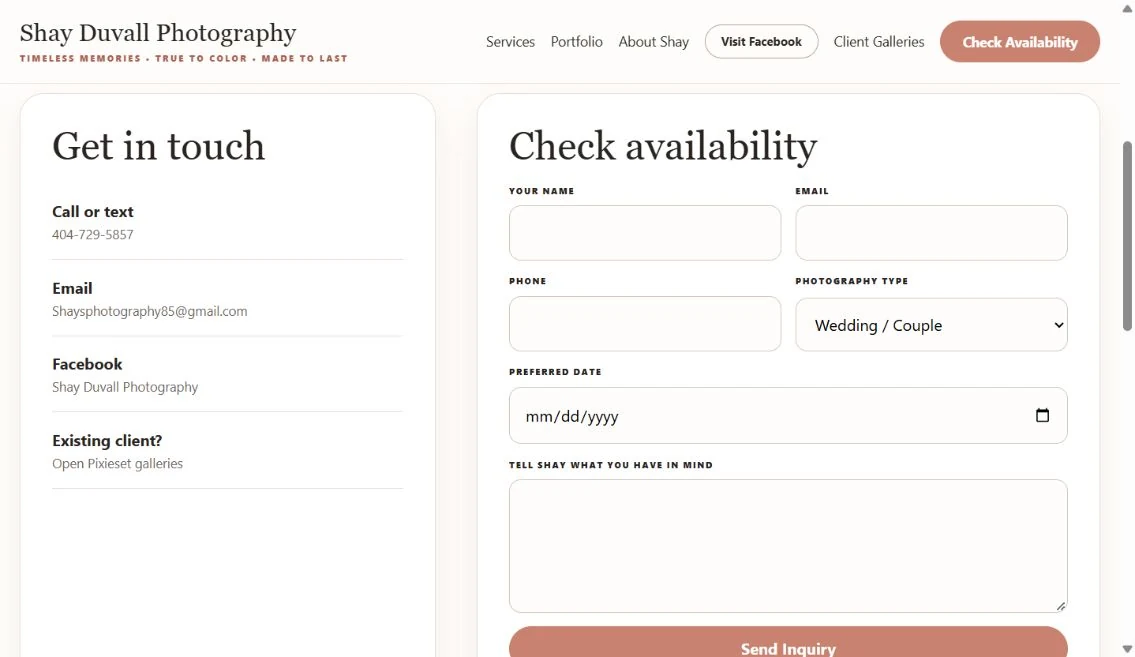 Shay’s live contact page with contact options and a Check availability inquiry form.
