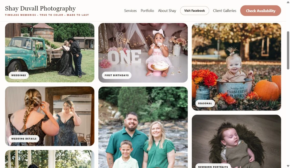Shay’s live portfolio page showing weddings, family portraits, birthdays and newborn photography.